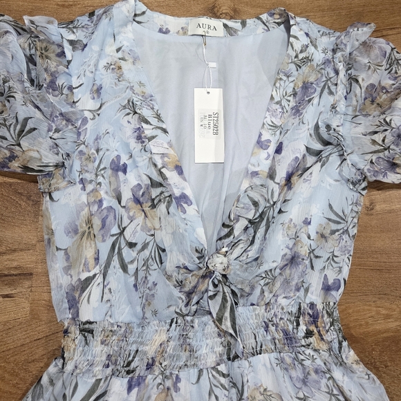 NWT Aura Blue Floral Tie Front Mini Ruffle Dress - Size Medium Short Sleeve - Picture 5 of 10